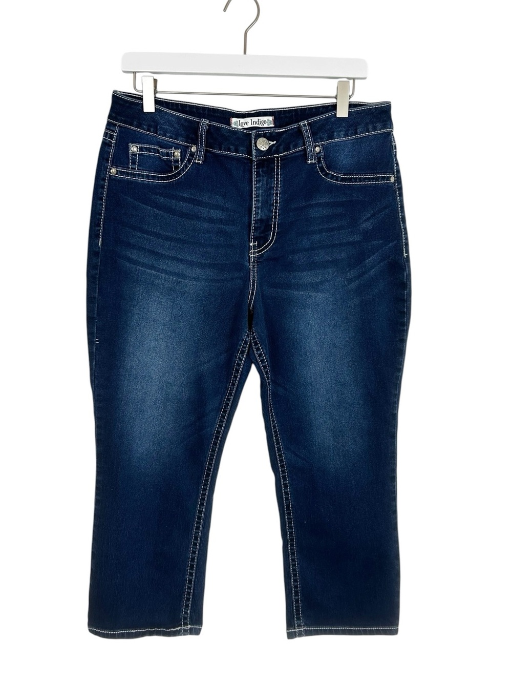 Love Indigo Denim Capris Embroidered Pocket w/ Sequins Women's Size 12 Stretch